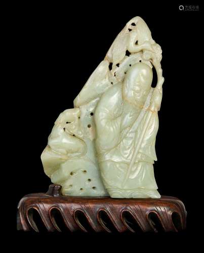 A CHINESE JADE SEATED LUOHAN ON A MOUNTAIN WITH A DUCK &...