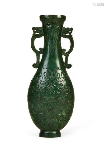 A HIGHLY RARE CHINESE SPINACH JADE VASE, QIANLONG PERIOD (17...