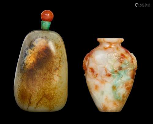 TWO CHINESE RUSSET & WHITE JADE SNUFF BOTTLES, 18TH CENT...