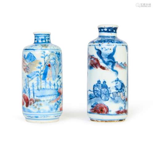 TWO CHINESE BLUE & WHITE AND UNDERGLAZE COPPER RED SNUFF...