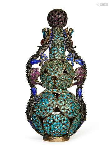 A CHINESE GILT SILVER ENAMEL DOUBLE GUORD "DRAGON HANDL...