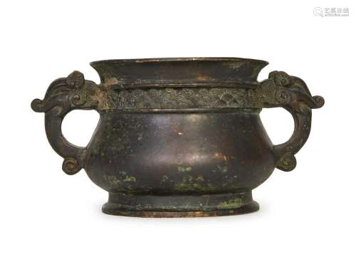 A CHINESE TWIN HANDELED BRONZE CENSER, 17TH/18TH CENTURY