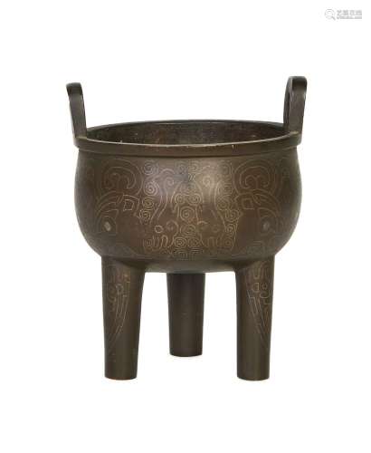 A CHINESE SILVER INLAID BRONZE TRIPOD CENSER, QING DYNASTY (...