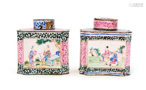 A PAIR OF CHINESE CANTON ENAMEL SQUARE TEA CADDYS, QIANLONG ...