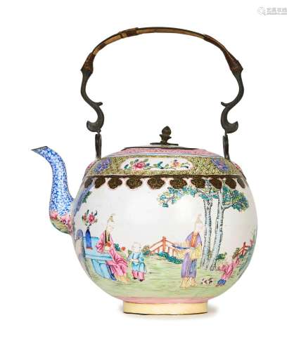 A CHINESE CANTON ENAMEL FIGURAL TEAPOT, QIANLONG PERIOD (173...