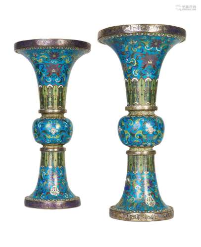 A PAIR OF CHINESE CLOISONNE ENAMEL GU-SHAPED VASES, QIANLONG...