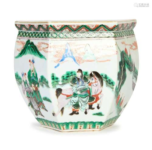 A CHINESE FAMILLE VERTE FIGURAL HEXAGONAL PLANTER, QING DYNA...