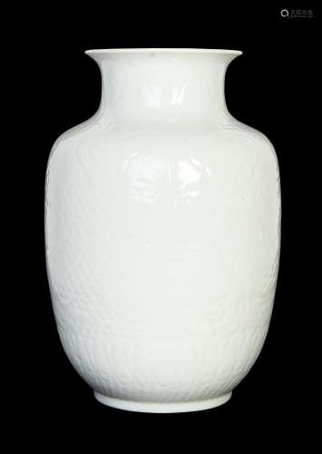 A CHINESE WHITE MONOCHROME LANTERN SHAPED VASE, QIANLONG MAR...