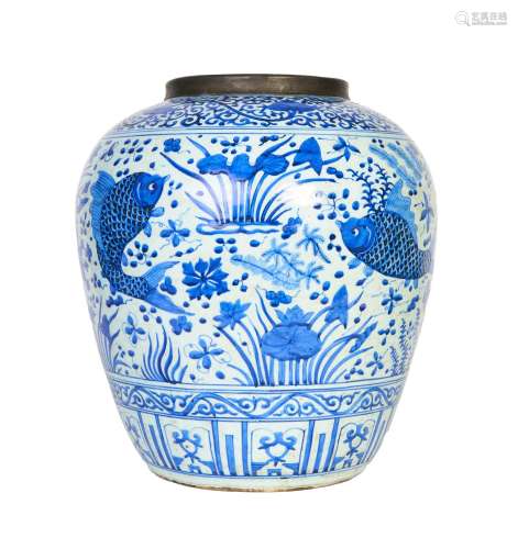 A MONUMENTAL BLUE AND WHITE \'FISH\' JAR MARK AND PERIOD OF ...