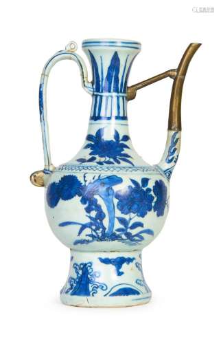 A CHINESE BLUE & WHITE EWER WITH SILVER SPOUT, XUANDE PE...