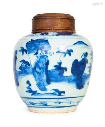 A CHINESE BLUE & WHITE FIGURAL LIDDED JAR, MING DYNASTY ...