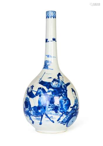 A LARGE CHINESE BLUE & WHITE FIGURAL BOTTLE VASE, QING D...