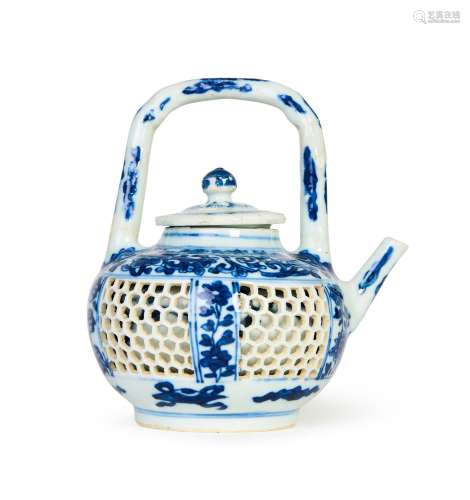 A CHINESE DOUBLE WALL RETICULATED BLUE & WHITE TEAPOT, K...