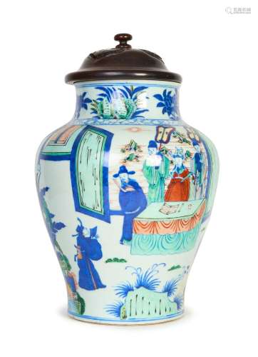 A LARGE CHINESE DOUCAI FIGURAL LIDDED VASE, QING DYNASTY (16...