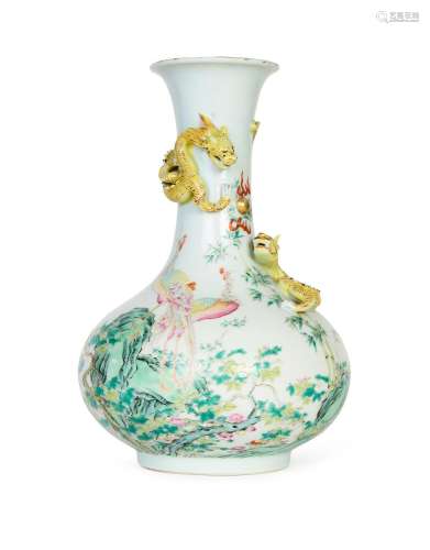 A CHINESE FAMILLE ROSE PHEONIX CHILONG VASE, QIANLONG SEAL M...