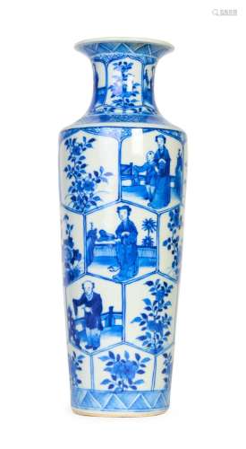 A CHINESE BLUE & WHITE FIGURAL PANELLED VASE, QING DYNAS...