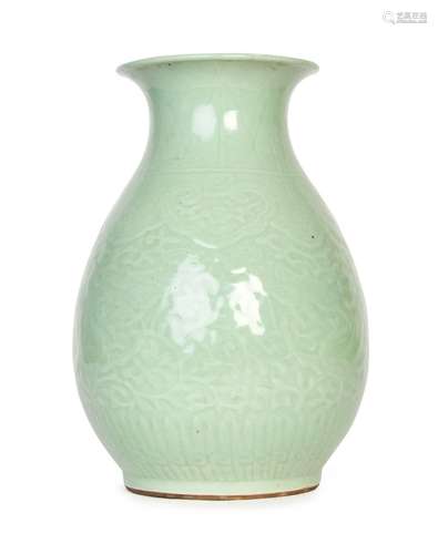 A CHINESE CELADON GROUND PEAR SHAPED VASE YONGZHENG SEAL MAR...