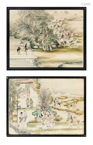 TWO CHINESE INK ON SILK FRAMED PANELS OF WARRIORS PREPARING ...