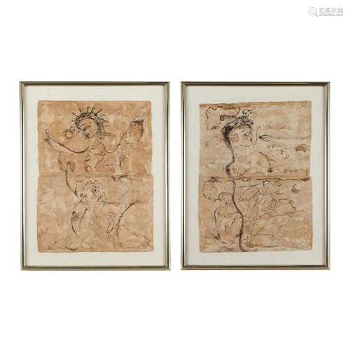 2 Jamali "Dancing Figure" Sumi on Bark Paintings