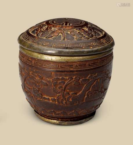 清代 包椰壳雕福寿纹锡茶叶罐
