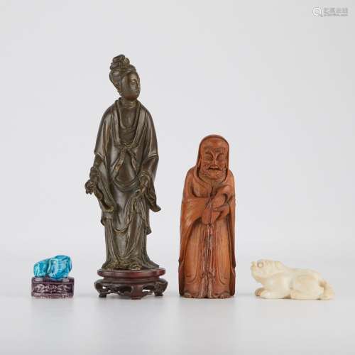 4 Chinese Items - Bronze, Porcelain, Bamboo, Resin