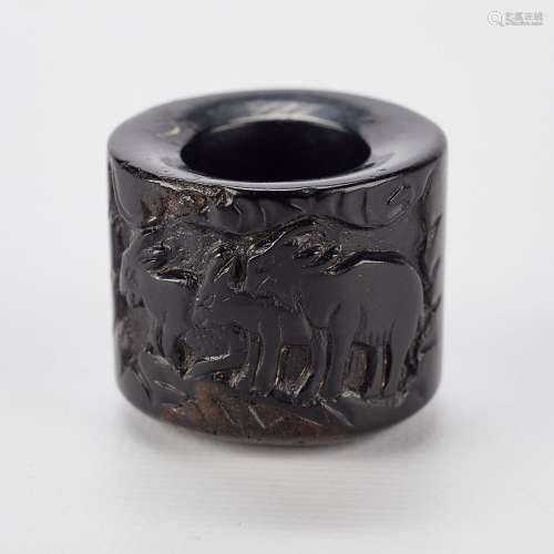 Chinese Carved Wood Archery Ring w/ Rams