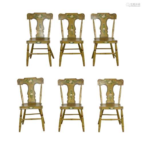 6 Painted 19th c. Side Chairs Plank Seat