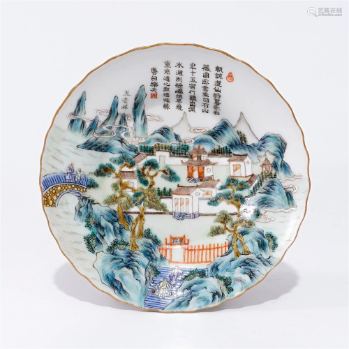 A famille rose plate with landscapes and poems in the Qing D...