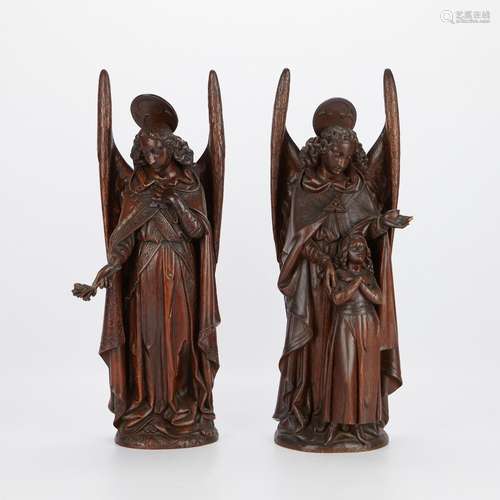 2 Neo-Gothic Victorian Carved Wooden Angels