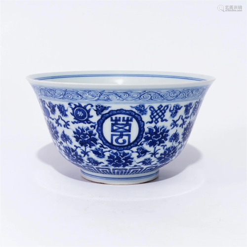 A underglaze blue bowl with the words 'Wanshouwujiang' in th...