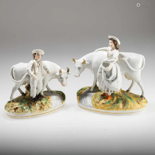 A NEAR PAIR OF VICTORIAN STAFFORDSHIRE POTTERY FARMER AND MI...