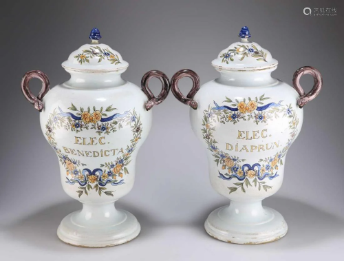 A PAIR OF 19TH CENTURY POLYCHROME DUTCH DELFT PHARMACY JARS ...