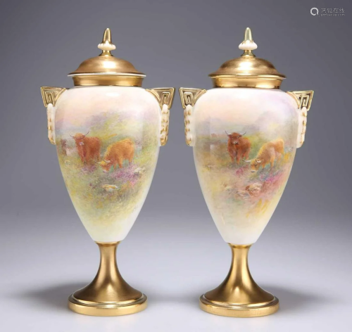 A PAIR OF ROYAL WORCESTER VASES AND COVERS