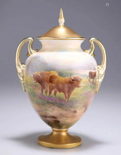 A ROYAL WORCESTER TWO-HANDLED VASE AND COVER