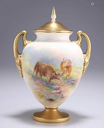 A ROYAL WORCESTER TWO-HANDLED VASE AND COVER