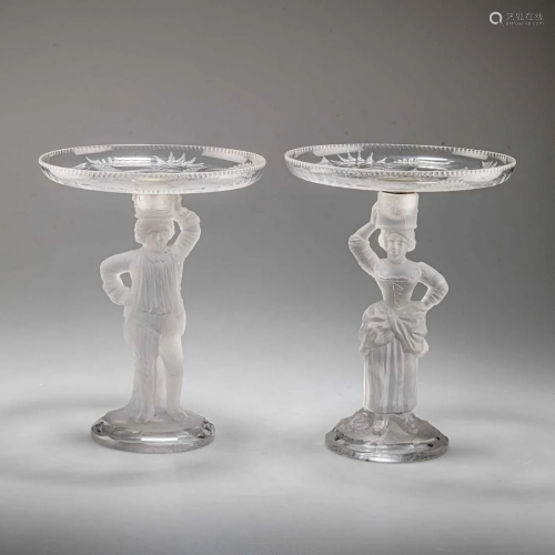 A PAIR OF FIGURAL TAZZAS, BY JOHN FORD & CO, HOLYROOD GLASSW...