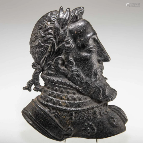 A 19TH CENTURY CAST IRON PORTRAIT PLAQUE OF HENRI II OF FRAN...