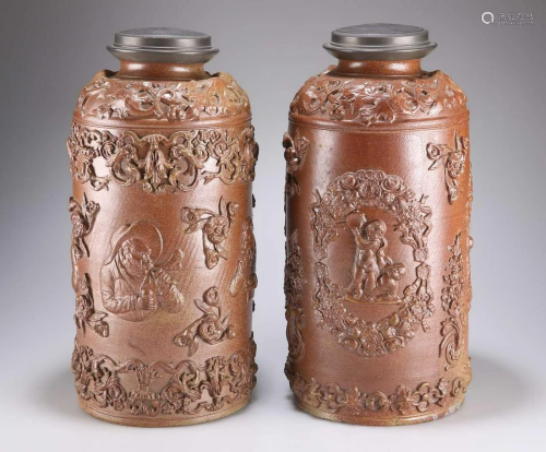 TWO LARGE 19TH CENTURY STONEWARE SALT GLAZED HUMIDOR TOBACCO...