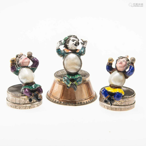 THREE AUSTRIAN SILVER, ENAMEL AND PEARL FIGURES