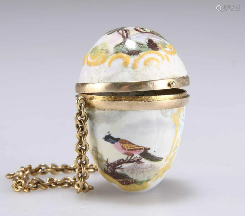 A BILSTON ENAMEL 'EGG' CHÂTELAINE BONBONNIÈRE