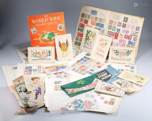 ASSORTED STAMPS, SILK BOOKMARKS AND WWI GREETINGS CARDS