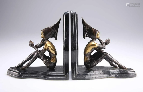 AFTER LORENZL, A PAIR OF ART DECO STYLE BRONZE AND MARBLE BO...