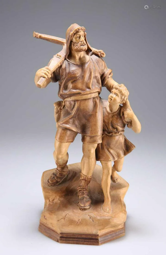 A SWISS CARVED FIGURE GROUP OF WILLIAM TELL AND HIS SON, CIR...