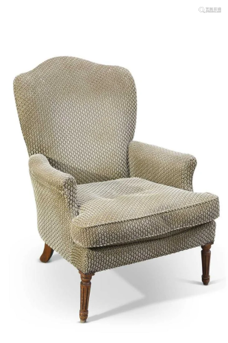A 19TH CENTURY WALNUT AND UPHOLSTERED ARMCHAIR