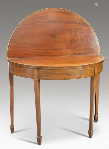 A GEORGE III STRING-INLAID MAHOGANY FOLDOVER TEA TABLE