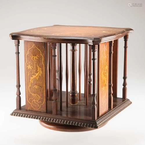 AN EDWARDIAN INLAID MAHOGANY TABLE-TOP REVOLVING BOOKCASE, L...