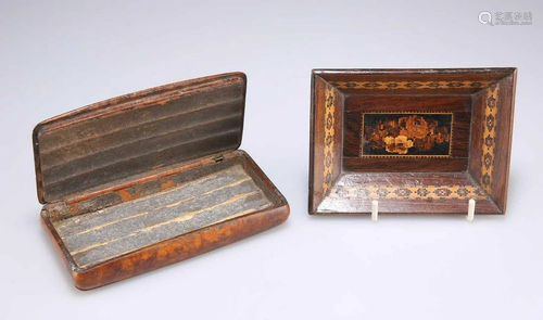 A 19TH CENTURY TUNBRIDGE WARE PIN TRAY AND A BURR WOOD CHERO...