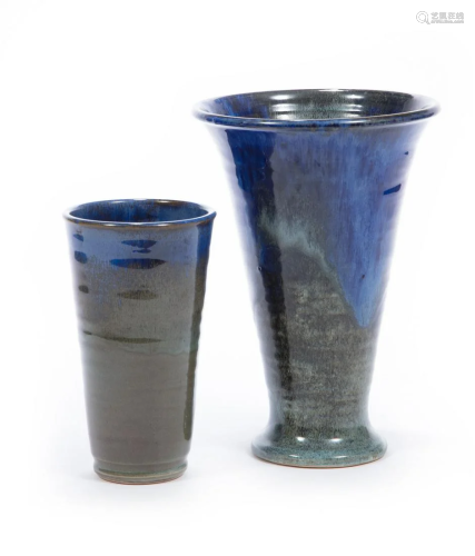 Two Shearwater Blue Glaze Vases