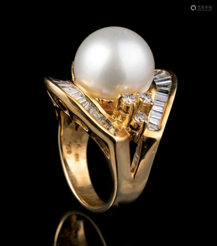 18 kt. Yellow Gold, Diamond and 13 mm. Faux Pearl