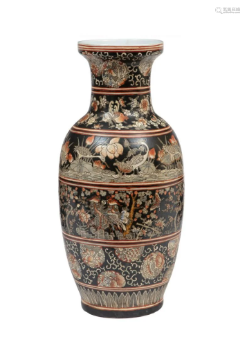 Chinese Polychrome Porcelain Black Ground Vase